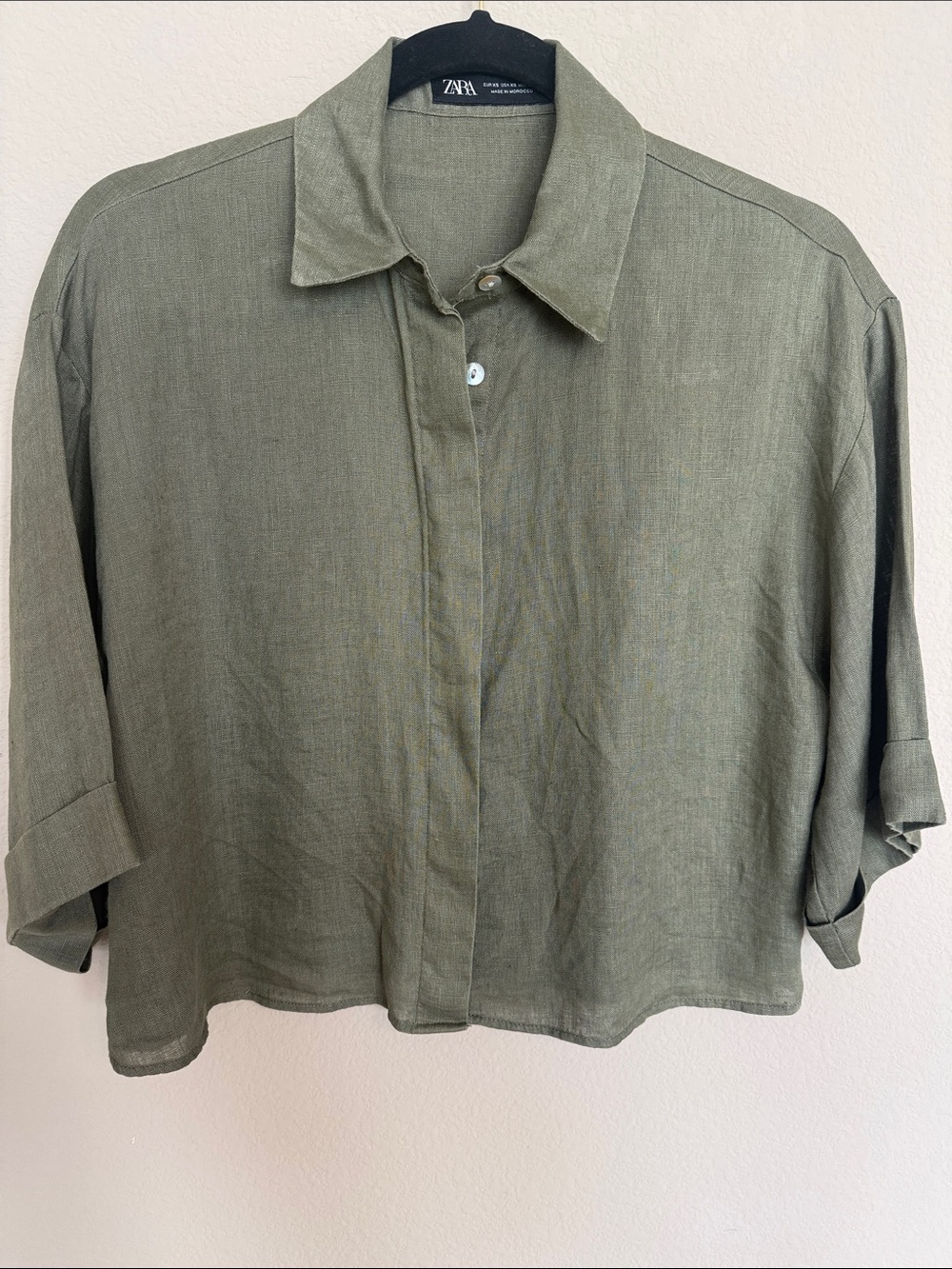 Zara Olive Relaxed Short-Sleeve Linen Shirt. Size XS